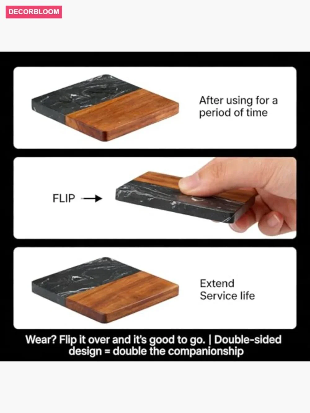 4-Piece Acacia Wood Marble Coasters Set for Kitchen Office